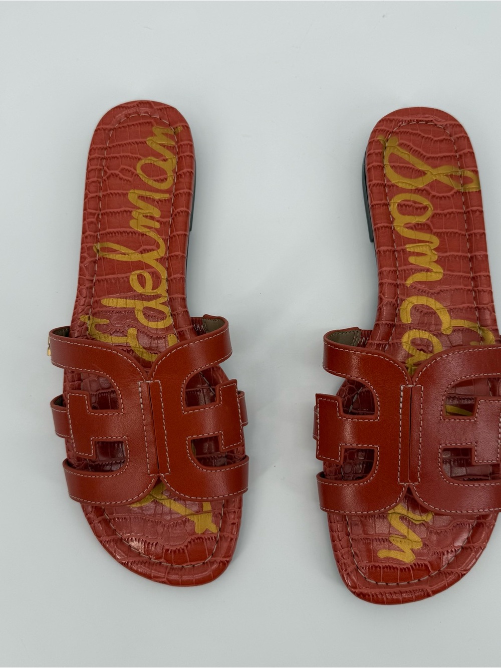 Sam Edelman Bay Slide Sandals Orange Leather Croc Size 8 Designer - Picture 3 of 11